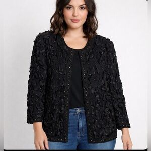 Tan Chho Beaded Sequined Vintage Silk Jacket Ribboned Detail Party Blk Size 2X